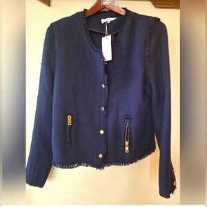 NWT One Third Navy Tweed Fringe Zip/Snap Collarless Jacket Womens size L